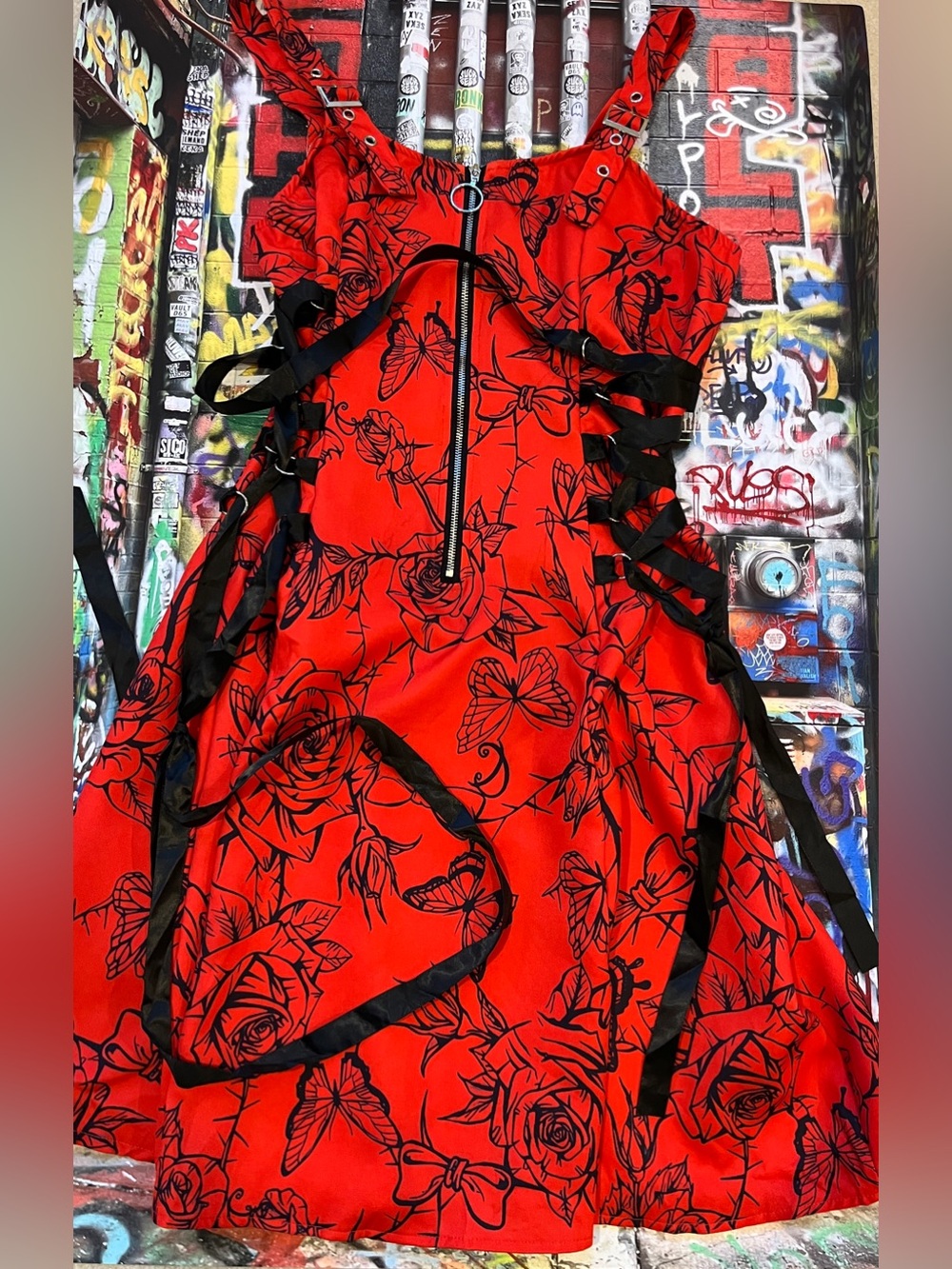 Red Gothic Rose Lace-Up Dress with Black Ribbon Detail. Bows and Butterflies